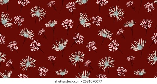 Padrão floral de vetor sem costura com flores silvestres azuis e cor-de-rosa suaves em um fundo borgonha profundo. Modelo para tecido, papéis de parede, envoltório de presente e desenhos românticos