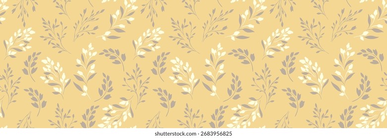 Seamless vector floral pattern with soft beige background and elegant leafy branches in gray and cream tones. Template for fabric, packaging, wallpaper, and decor
