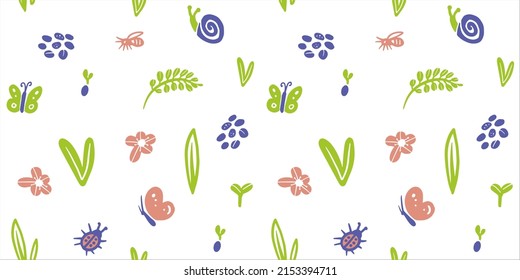 Seamless vector floral pattern, spring, summer backdrop. Hand drawn texture design with flowers, seeds, sprouts, insects in garden for wallpapers, pattern fills, surface textures.