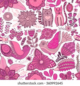 Seamless vector floral pattern, spring and summer backdrop,  colorful childish style animals and flowers. Romantic elements for wedding invitations, Valentine's day greetings