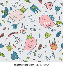 Seamless vector floral pattern. Spring illustration of cute bird and flower.Farytale design for your love card, invitation, children or wedding DIY