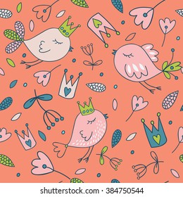 Seamless vector floral pattern. Spring illustration of cute bird and flower.Fairytale design for your love card, invitation, children or wedding DIY