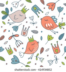 Seamless vector floral pattern. Spring illustration of cute birds and flower.Fairytale design for your love card, invitation, children or wedding DIY. Isolated illustration on white