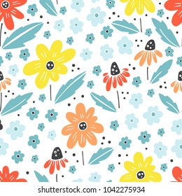 Seamless vector floral pattern, spring/summer backdrop. Hand drawn surface pattern design with flowers in garden. Seamless texture can be used for wallpapers, pattern fills, surface textures.