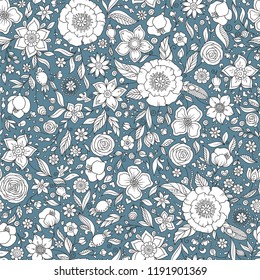 Seamless vector floral pattern, spring/summer backdrop. Hand drawn surface design with flowers in garden. Seamless texture can be used for wallpapers, pattern fills, surface textures.
