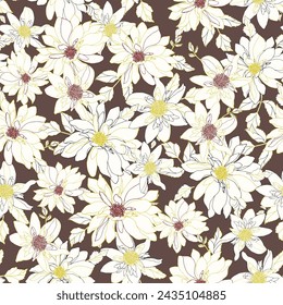 Seamless vector floral pattern, spring-summer backdrop. Hand drawn surface pattern design with flowers in garden. Lotus flower pattern