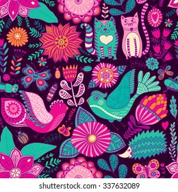 Seamless vector floral pattern, spring/summer backdrop. Bright colorful childish style animals and flowers. Romantic elements for wedding invitations, Valentine's day greetings