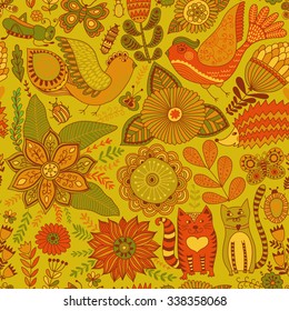 Seamless vector floral pattern, spring/summer backdrop. Bright colorful childish style animals and flowers. Romantic elements for wedding invitations, Valentine's day greetings