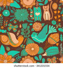 Seamless vector floral pattern, spring/summer backdrop. Bright colorful childish style animals and flowers. Romantic elements for wedding invitations, Valentine's day greetings