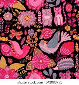 Seamless vector floral pattern, spring/summer backdrop. Bright colorful childish style animals and flowers. Romantic elements for wedding invitations, Valentine's day greetings
