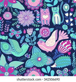 Seamless vector floral pattern, spring/summer backdrop. Bright colorful childish style animals and flowers. Romantic elements for wedding invitations, Valentine's day greetings