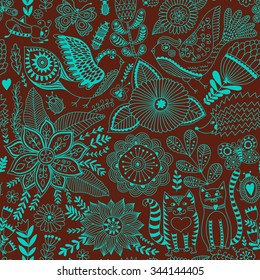 Seamless vector floral pattern, spring/summer backdrop. Bright colorful childish style animals and flowers. Romantic elements for wedding invitations, Valentine's day greetings