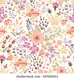 Seamless vector floral pattern, spring/summer backdrop. Hand drawn surface pattern design  with flowers in garden. Seamless texture can be used for wallpapers, web page backgrounds, surface textures.