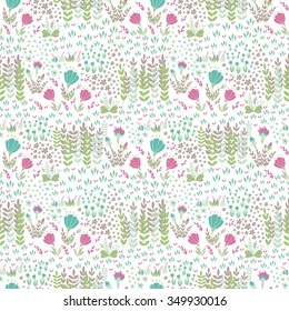Seamless vector floral pattern, spring/summer backdrop. Hand drawn surface pattern design  with flowers in garden. Seamless texture can be used for wallpapers, web page backgrounds, surface textures.