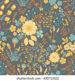 Seamless vector floral pattern, spring/summer backdrop. Hand drawn surface pattern design  with flowers in garden. Seamless texture can be used for wallpapers, web page backgrounds, surface textures.