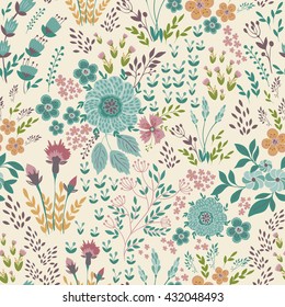 Seamless vector floral pattern, spring/summer backdrop. Hand drawn surface pattern design  with flowers in garden. Seamless texture can be used for wallpapers, web page backgrounds, surface textures.
