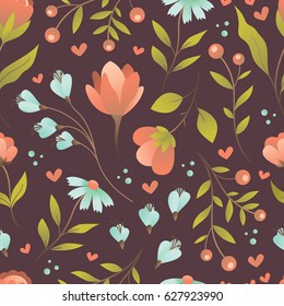 Seamless vector floral pattern, spring/summer backdrop. Surface pattern design  with flowers in garden. Seamless texture perfect for wallpapers, pattern fills, web page backgrounds, surface textures.