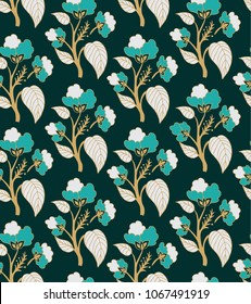 Seamless vector floral pattern with stylized cotton flowers on dark green background