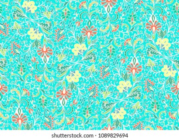 Seamless vector floral pattern with stylized carnation flowers on tuquoise background, turkish style