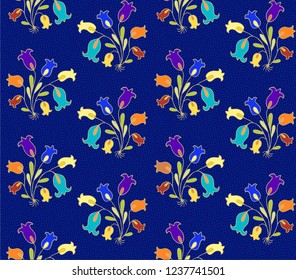 Seamless vector floral pattern with stylized bellflowers on blue dots background, indian style