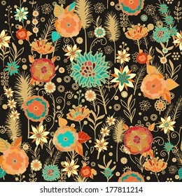 Seamless  vector  floral pattern with stylized daisy, lily, dahlia flowers, golden spikes on dark background