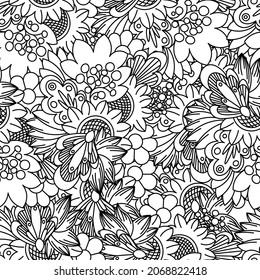seamless vector floral pattern with stylized sunflowers, leaves and other flowers