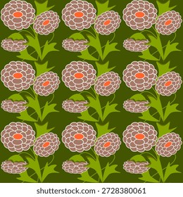 Patrón floral de Vector sin costuras con dalias estilizadas de color marrón y beige con centros naranjas sobre un fondo verde oscuro con hojas y subgrupos.