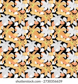 Padrão floral vetorial sem costura com flores de lírio estilizadas em tons de branco, cinza, laranja e pêssego, apresentando pétalas detalhadas e centros verdes em um fundo preto.