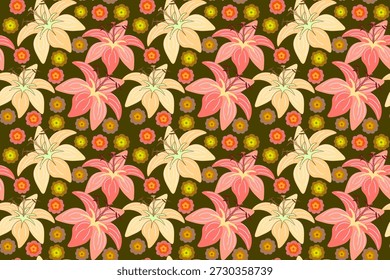 Nahtloses Vektor-Blumenmuster mit stilisierten rosa und pfirsichfarbenen Lilien, kleine Retro-Gänseblümchen in Orange und Gelb auf dunklem olivgrünem Hintergrund.