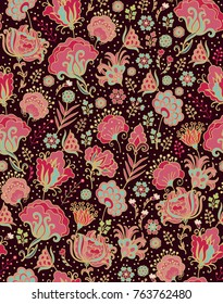 Seamless vector floral pattern with stylized  rose and chrysanthemum flowers on dark background