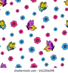 Seamless vector floral pattern with summer motifs. On a white background are fantasy butterflies of different colors, blue and pink flowers. Vector graphics