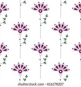 Seamless vector floral  pattern. Symmetrical repeating background with decorative ornamental flowers and leaves on the white backdrop. Repeating ornament. Series of Line Work Seamless Patterns. 