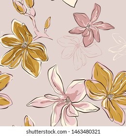 Seamless vector Floral Pattern in vector. Tender blue green flowers on pink background. Floral botany art