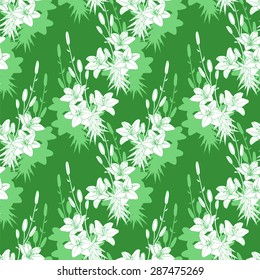 Seamless vector floral pattern texture with white lilies on green background.