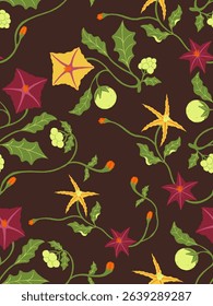Seamless vector floral pattern Thai Eggplant and pea eggplant with flowers and green leaves, ideal for decorative design projects, arts and design use.