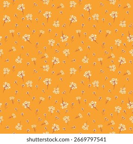 Seamless vector floral pattern with tiny white blossoms and delicate sprigs on a warm orange background. Template for fabric, packaging, wallpaper, and spring designs