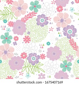 Seamless vector floral pattern in trendy spring colors. Spring blooms with leaves and petals.