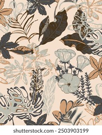 Seamless vector floral pattern with tropical leaves and abstract shapes