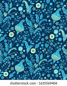 Seamless vector floral pattern, turquoise-blue palette