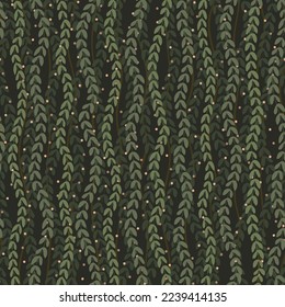 Seamless vector floral pattern with twigs, leaves and berries. Plant dark background. Wavy simple night print