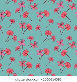 Seamless vector floral pattern with vibrant pink and red hand drawn flowers on a turquoise background. Great for fabric, stationery, wrapping paper, and digital design.