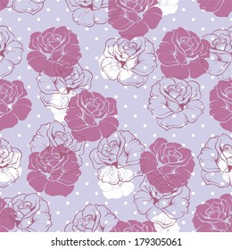 Seamless vector floral pattern with violet pink and white retro roses on polka dots blue background. Beautiful abstract vintage texture with pink flowers and cute background.