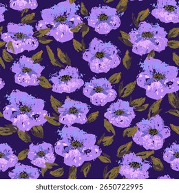 Seamless vector floral pattern with violet and purple hand painted poppies on a deep background. Template for fashion textiles, packaging, wallpaper, and modern surface design