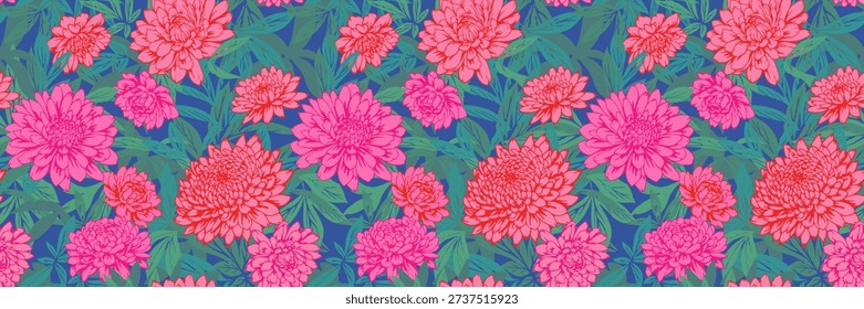 Seamless vector floral pattern with vivid pink and coral chrysanthemums and lush green leaves on a deep blue background. Bold botanical design for fabrics, wallpaper, and decor