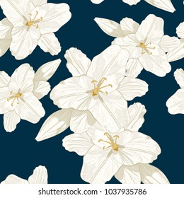 Seamless vector floral pattern. White royal lilies flowers on a dark blue background.