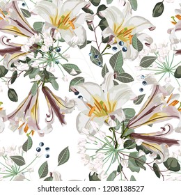 Seamless vector floral pattern. White royal lilies flowers, herbs and berries on white background.