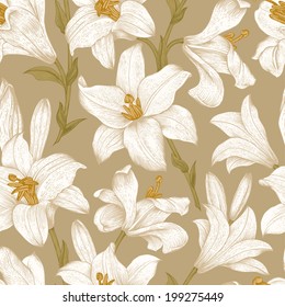 Seamless vector floral pattern. White royal lilies flowers on a brown background.