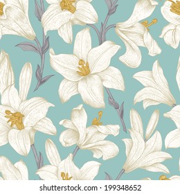 Seamless vector floral pattern. White royal lilies flowers on a mint background.