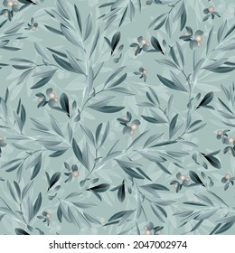 Seamless vector floral pattern with white berries and leaves. Seamless vector botanical background  