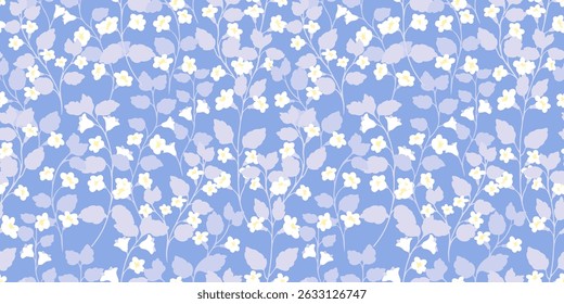 Seamless vector floral pattern with white flowers and lush leaves on a pastel blue background. Elegant and modern, ideas for textiles, wallpaper, packaging, fashion, wedding invitations, and branding